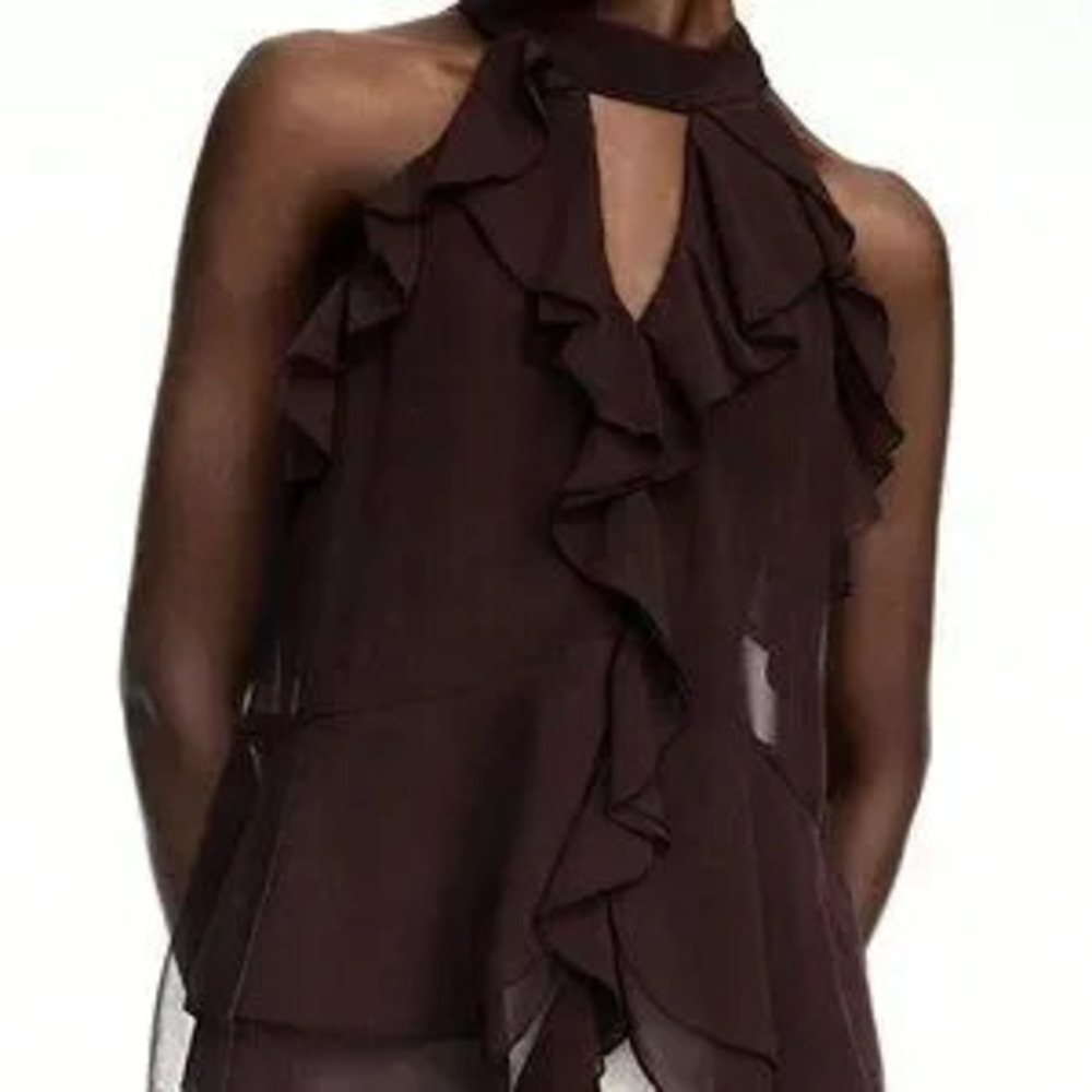 Coffee Brown Casual Women's Ruffle Chiffon Halter Top With Tie C Boho Style - Picture 5 of 7